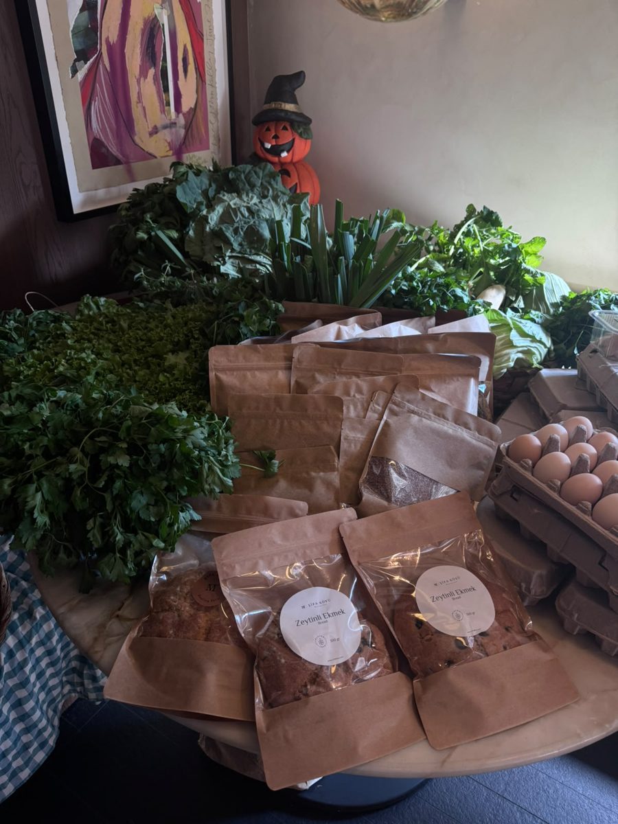 Fresh greens, dried goods in kraft bags and eggs