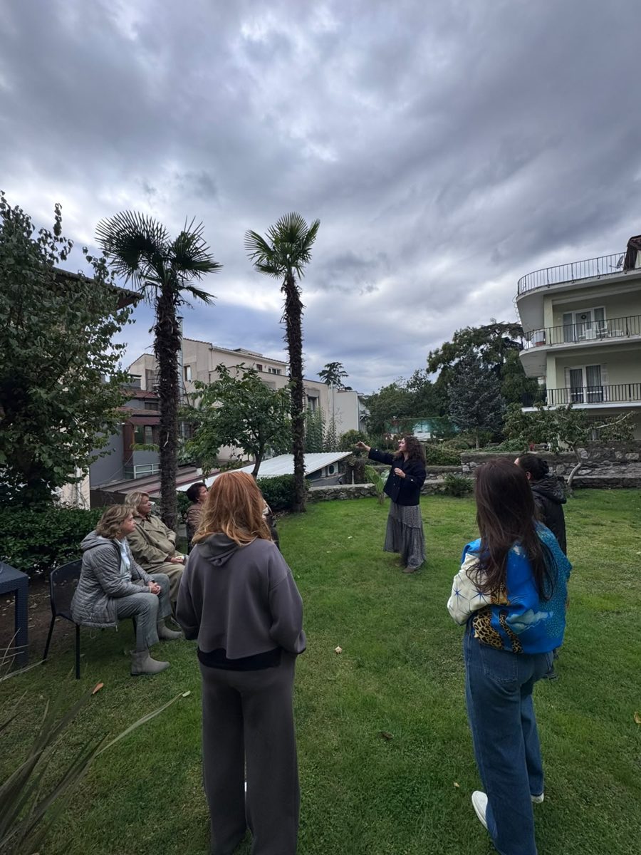 Healing meditation in a garden on a cloudy autumn morning